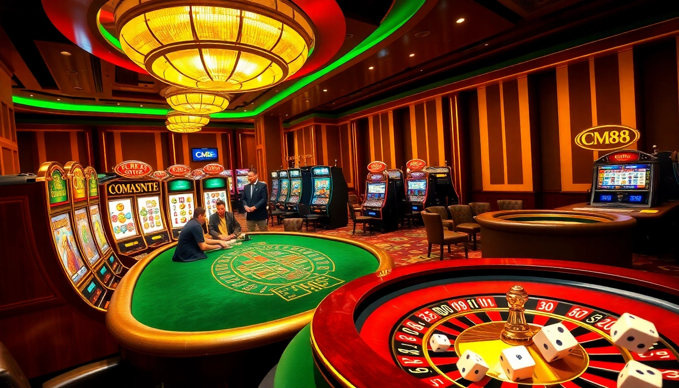 Players enjoying a high-stakes poker game at CM88 casino, surrounded by slot machines and roulette.
